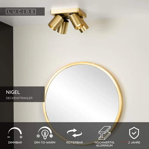 Lucide NIGEL - Deckenstrahler - LED Dim to warm - GU10 - 4x5W 2200K/3000K - Mattes Gold / Messing - USP